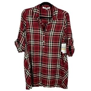 Fever Red Plaid Longline Popover Blouse Small NWT